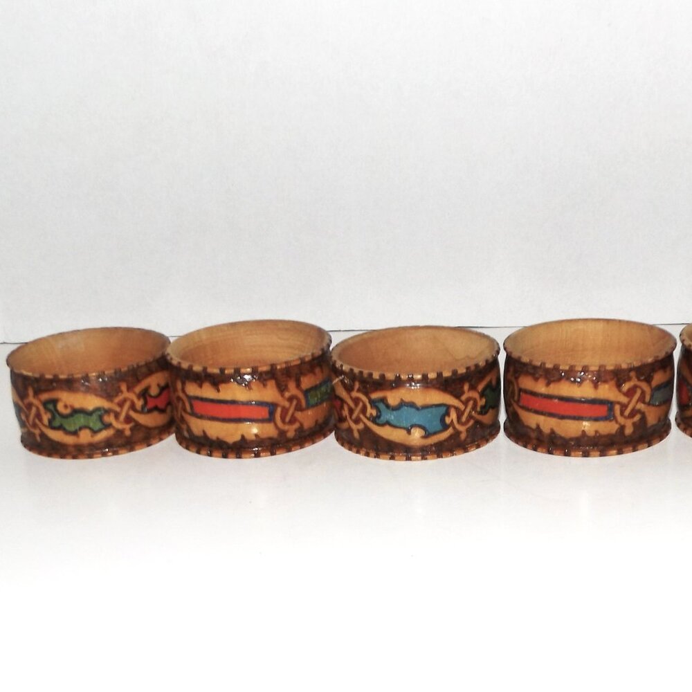 Set of 6 Vintage Hand Painted Wood Napkin Rings Signed Varna 1937